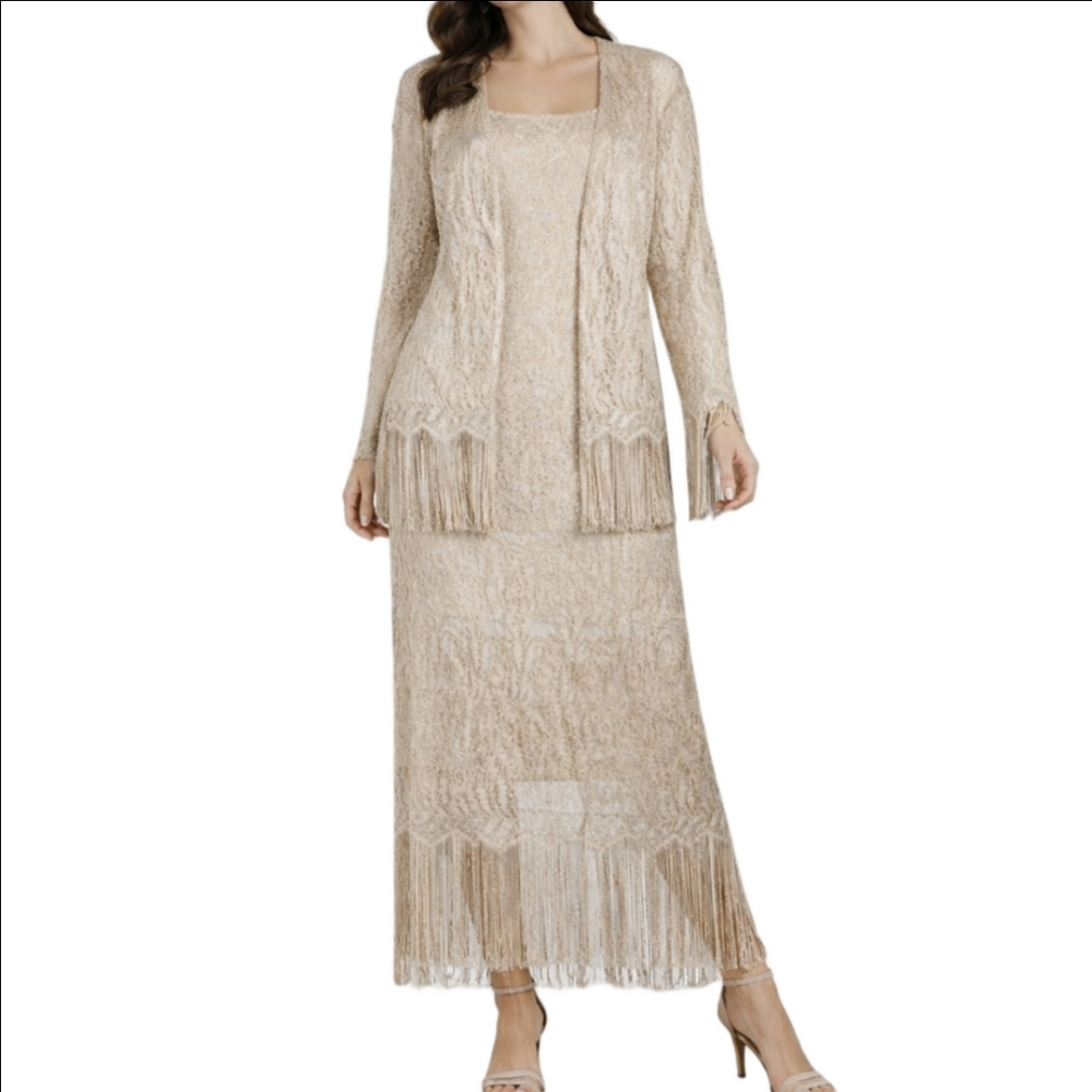 Vintage S.L. Fashions Champagne Gold Metallic Knit Fringe 2 Piece Dress & Jacket